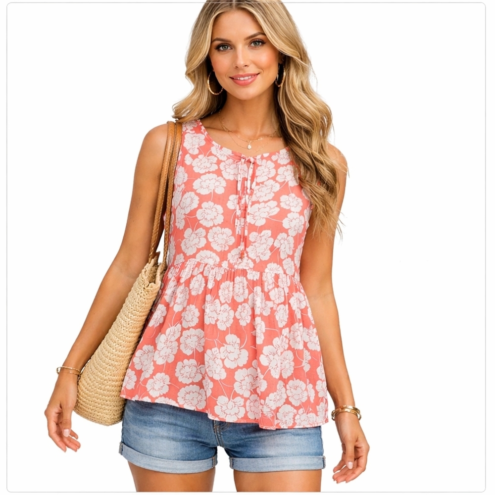 LOFT Outlet Orange Floral Sleeveless Blouse Tie Neck Size XS